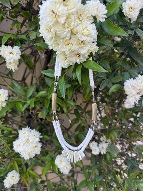 White Beaded Women's Necklace with Silver Accents